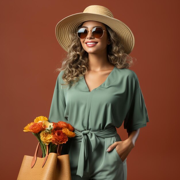 A Australian girl wearing trendy pantone green color clothes and round hat generated by AI