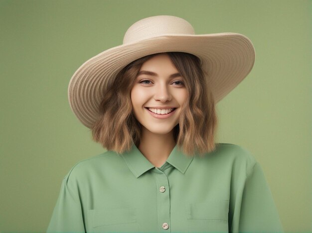 A australian girl wearing trendy pantone green color clothes and round hat