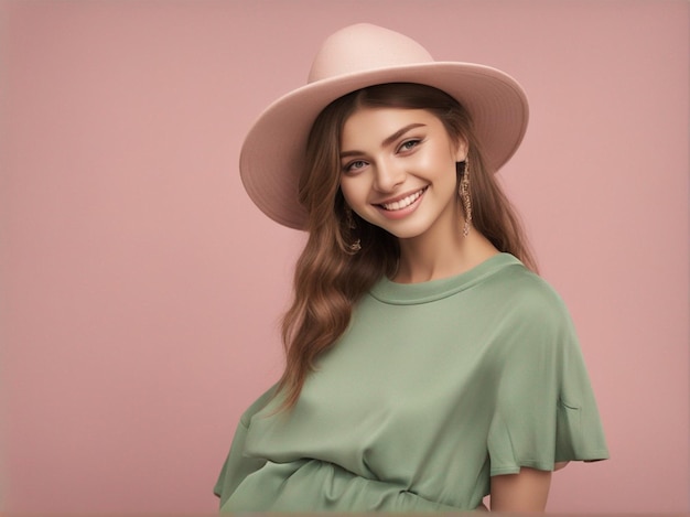 A australian girl wearing trendy pantone green color clothes and round hat