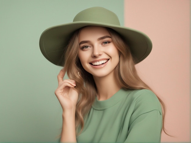 A australian girl wearing trendy pantone green color clothes and round hat