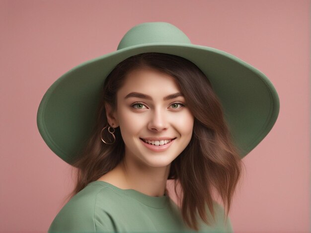 A australian girl wearing trendy pantone green color clothes and round hat