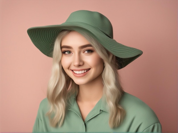 A australian girl wearing trendy pantone green color clothes and round hat