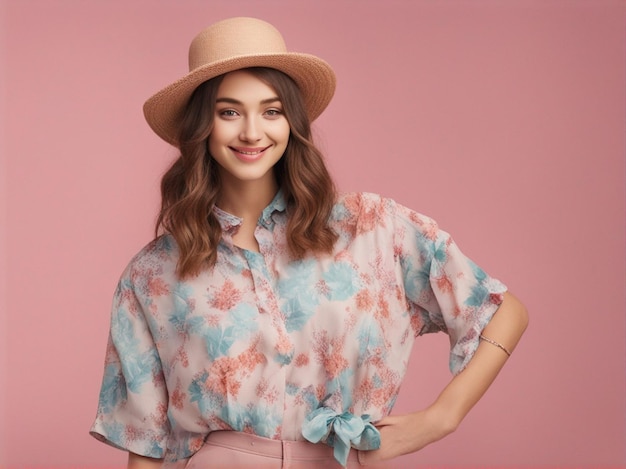 A australian girl wearing trendy printed clothes and round hat