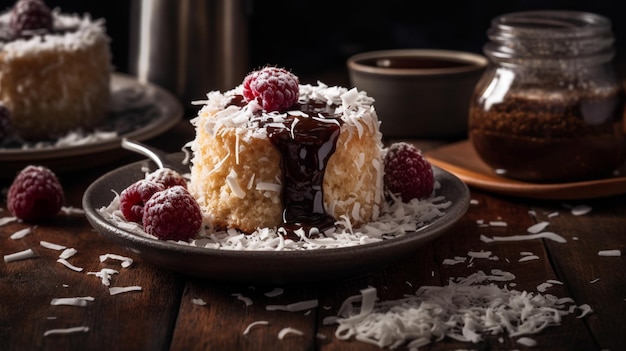 Australian lamington cake with raspberry jam and chocolate sauce sprinkled with coconut flakes