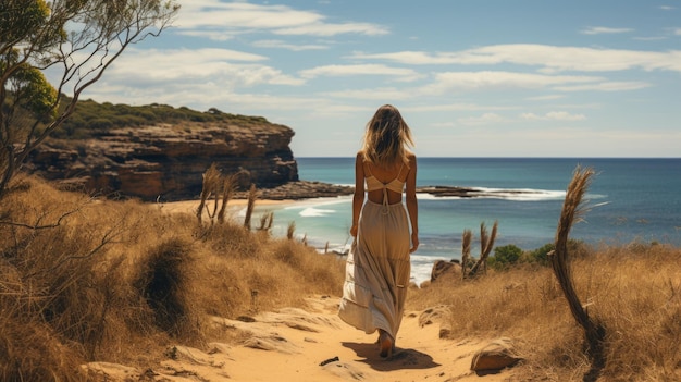 오스트레일리아 풍경  드레스 를 입은 소녀 가 해변 을 따라 고 있다