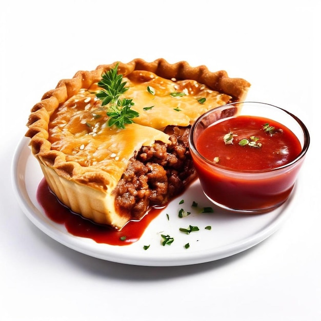 australian meat pie and tomato saucewhite background