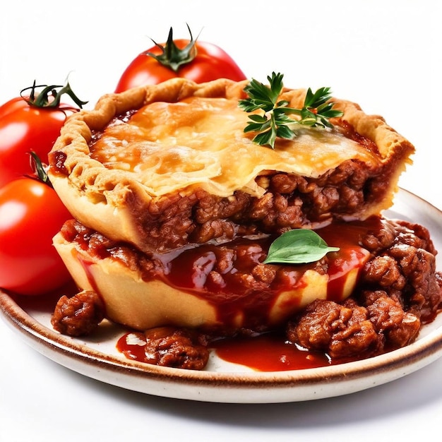 Австралийский мясный пирог с томатным соусом на белом фоне