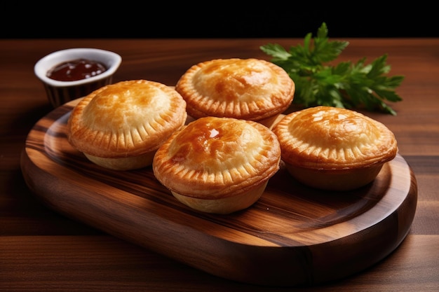 Australian meat pies made with shortbread dough on a wooden board against a wooden backdrop