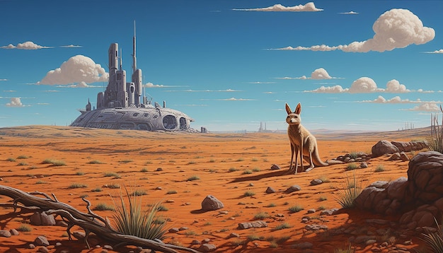 In the australian outback a wallaby is hopping through the vast grassland with the red desert sand