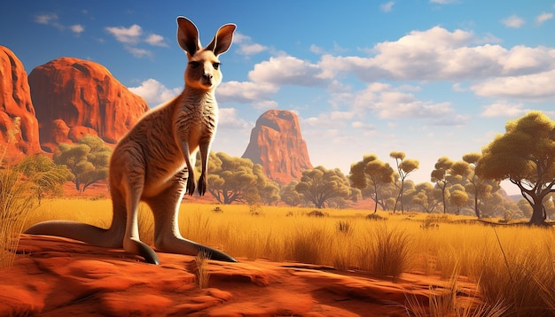 In the australian outback a wallaby is hopping through the vast grassland with the red desert sand