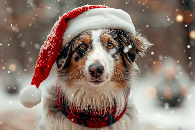 australian shepherd breed dog wearing festive red santa hat posing outdoor in snowy park decorated f