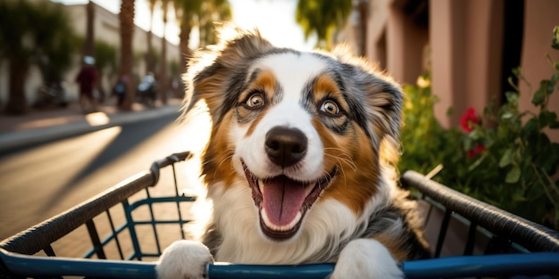 호주 셰퍼드 개는 여름이면 시내 거리에서 햇빛이 비치는 날 아침에 자전거를 타며 즐거운 시간을 보냅니다.