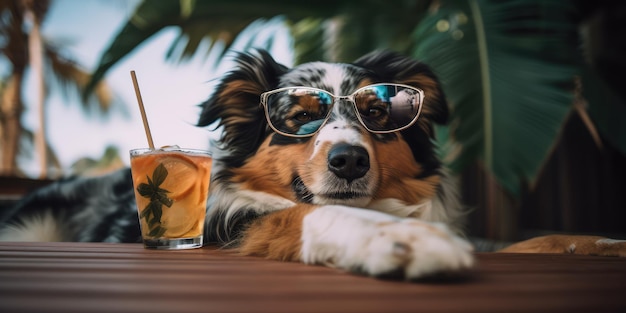 オーストラリアン シェパードの犬は、海辺のリゾートで夏休みを過ごし、ハワイの夏のビーチでリラックスした休息をとっています