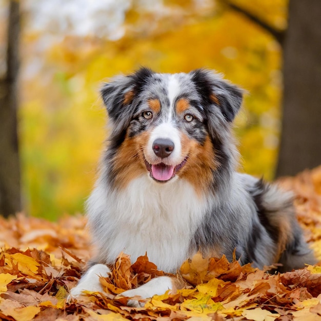 オーストラリアの羊飼い犬が秋の黄色い葉を見ながらカメラを見ている