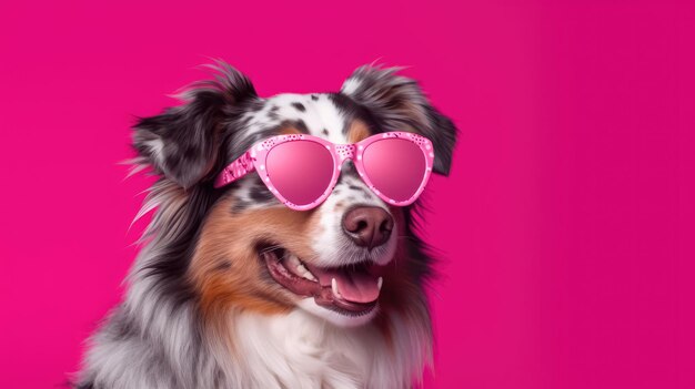 Australian Shepherd Dog With Sunglasses Pink Background Generative AI