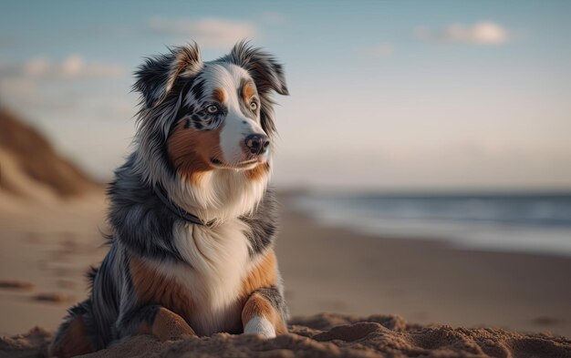 Australian shepherd is sitting on the beach in the park professional advertising post ai generated