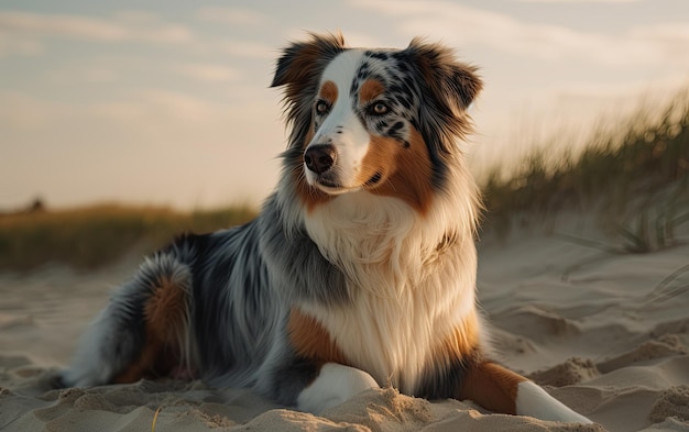 Australian shepherd is sitting on the beach in the park professional advertising post ai generated