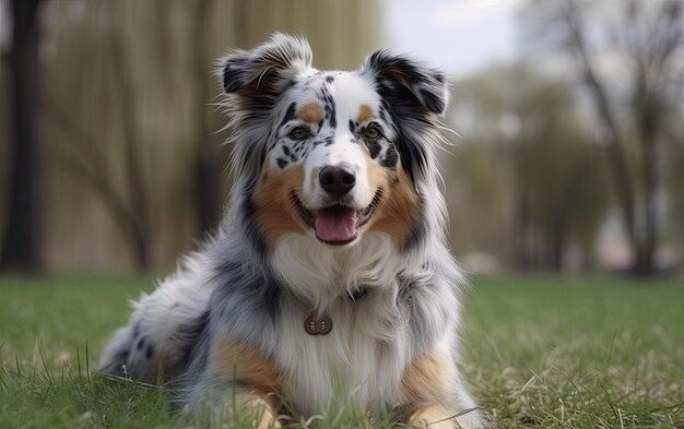 Australian shepherd is sitting on the grass in the park professional advertising post ai generated