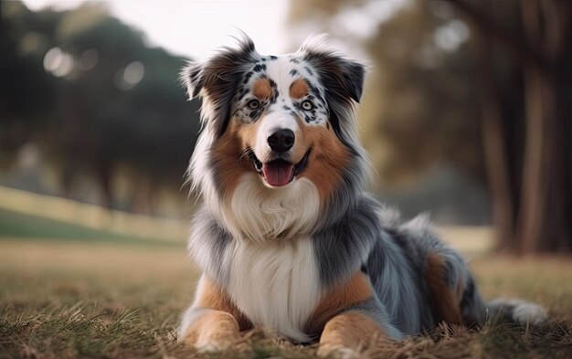 Australian shepherd is sitting on the grass in the park professional advertising post ai generated