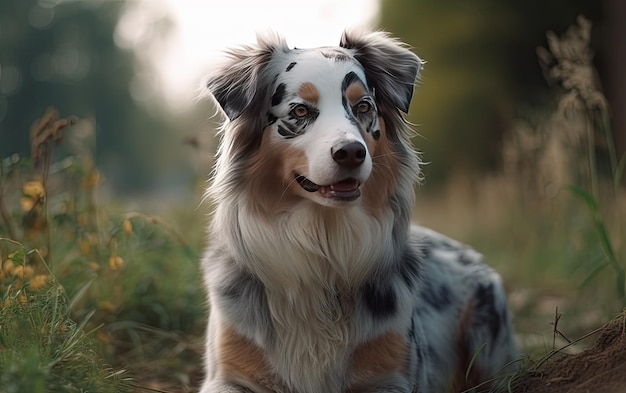 Australian shepherd is sitting on the grass in the park professional advertising post ai generated