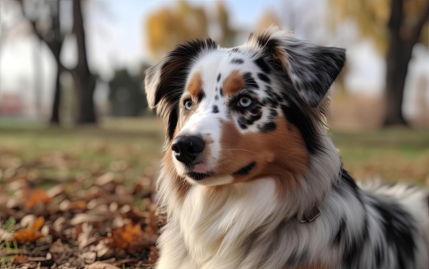 Photo australian shepherd is sitting on the grass in the park professional advertising post ai generated