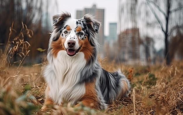 Australian shepherd is sitting on the grass in the park professional advertising post ai generated