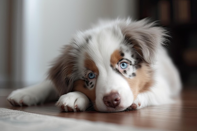 Australian shepherd puppy with blue eyes lying on the floor at home AI Generated