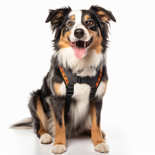 Australian shepherd sitting panting looking at camera