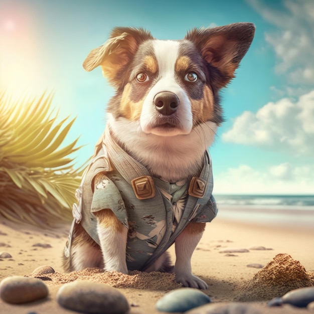 Australian shepherd summer dog in beach outfit Summer dog australian shepherd Generative AI