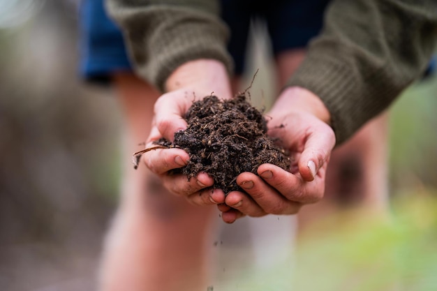 australian soil scientist regenerative organic farmer taking soil samples and looking at plant growth in a farm practicing sustainable agriculture