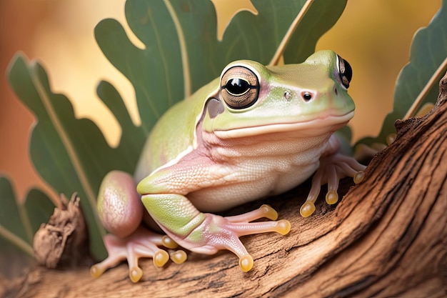 Australische boomkikker Litoria rubella in close-up op groen gebladerte Woestijnboomkikker in close-up