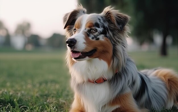 Australische herder zit op het gras in het park professionele reclame post ai gegenereerd