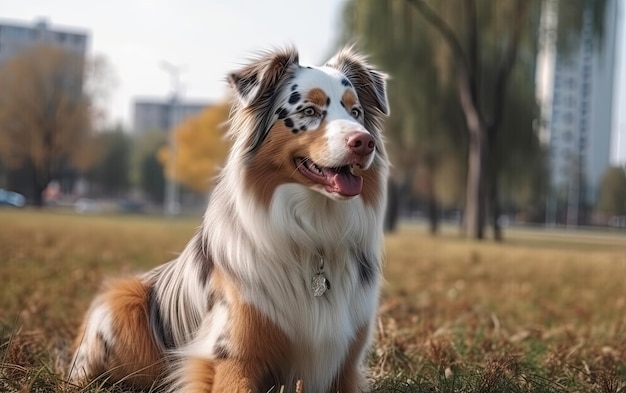 Australische herder zit op het gras in het park professionele reclame post ai gegenereerd