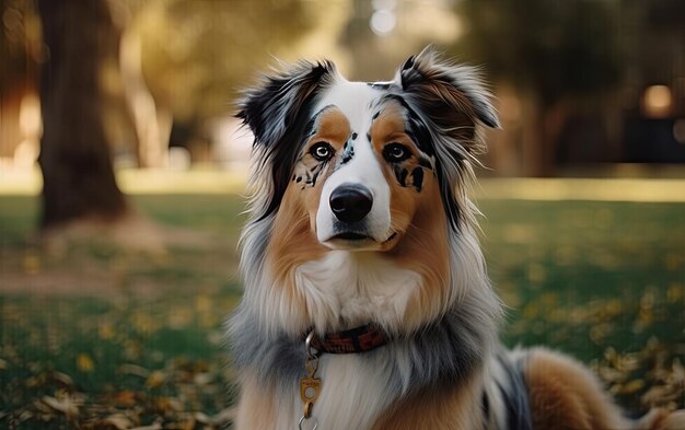 Australische herder zit op het gras in het park professionele reclame post ai gegenereerd