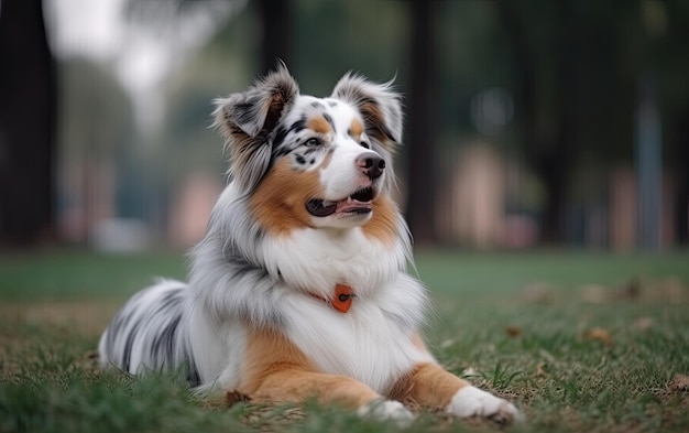 Australische herder zit op het gras in het park professionele reclame post ai gegenereerd