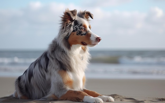 Australische herder zit op het strand in het park professionele reclame post ai gegenereerd