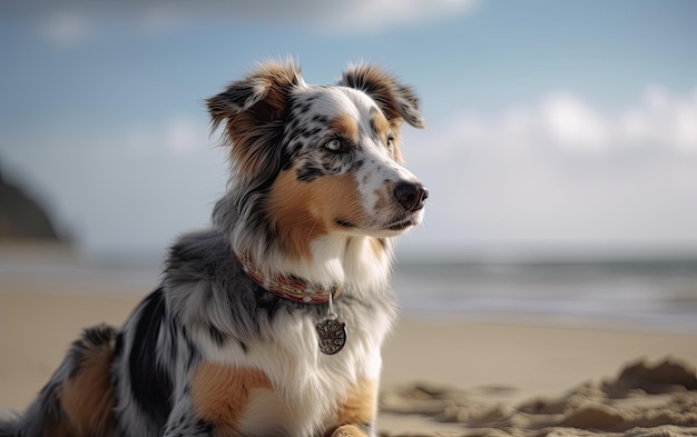 Australische herder zit op het strand in het park professionele reclame post ai gegenereerd