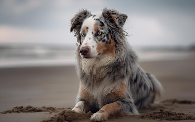 Australische herder zit op het strand in het park professionele reclame post ai gegenereerd