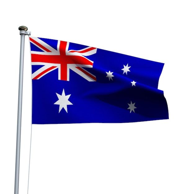 Australische vlag op een paal die geïsoleerd op een witte achtergrond zwaait