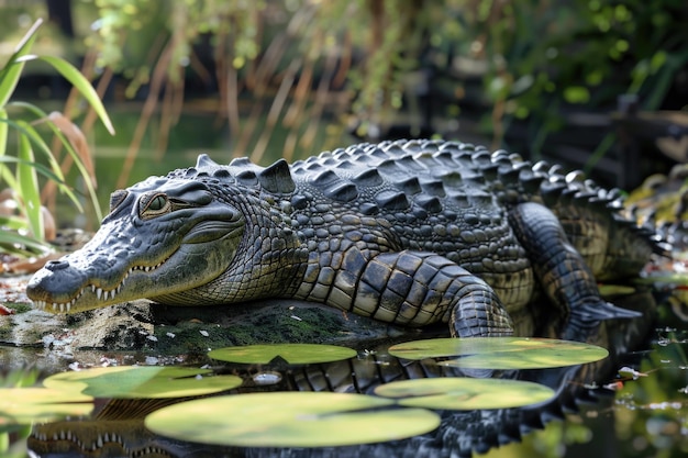 Australische zoetwaterkrokodil die zich bij leliepaden in het meer zonnebad