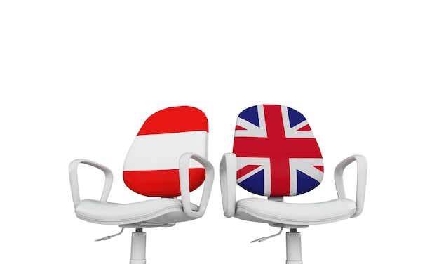 오스트리아와 영국 비즈니스 의자 국제 관계 개념 3D 렌더링