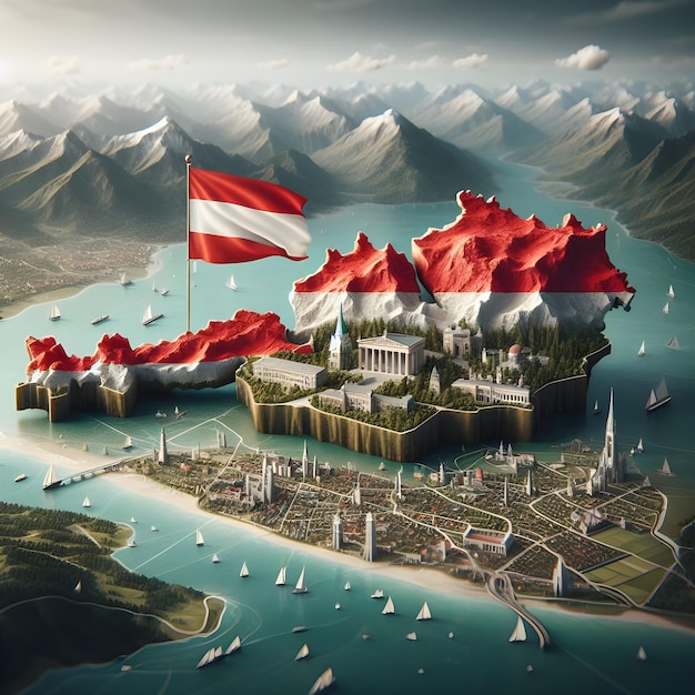 Austria map with waving flag of country realistic photo