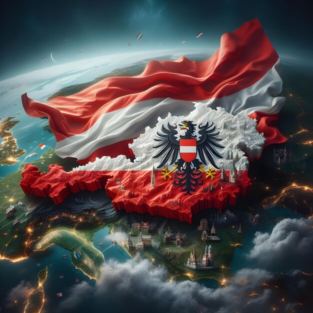 Austria map with waving flag of country realistic photo