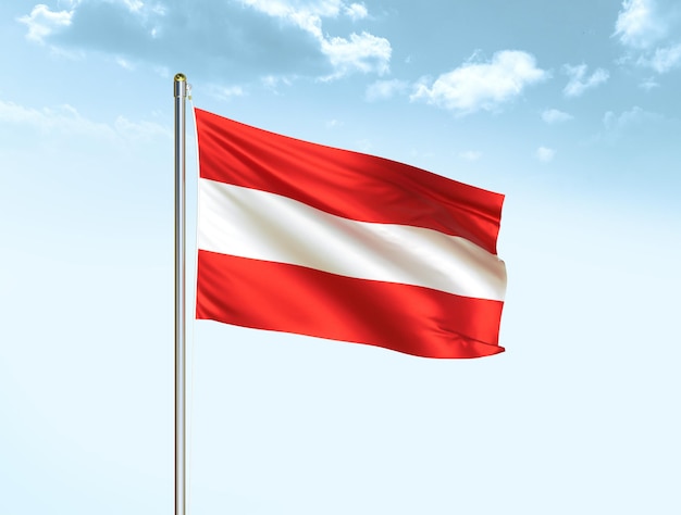 Austria national flag waving in blue sky with clouds Austria flag 3D illustration