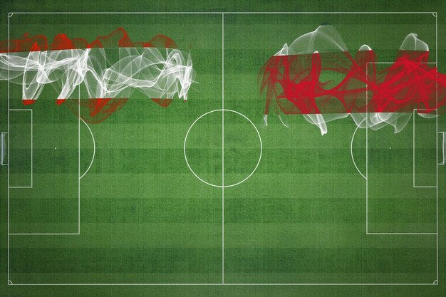 オーストリア対コスタリカのサッカー試合、国色、国旗、サッカー場、フットボールの試合、競争のコンセプト、コピースペース