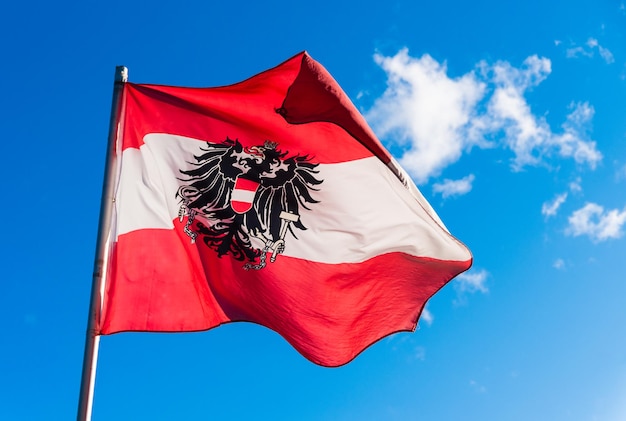 austrian flag fluttering in the wind blue sky background