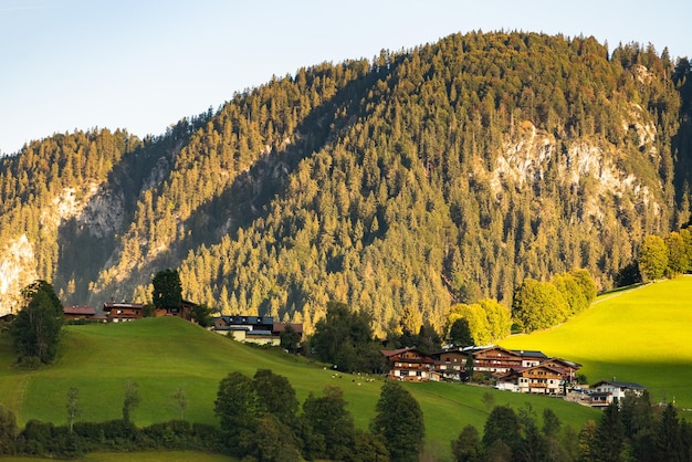 Austrian village on the background of the Alps