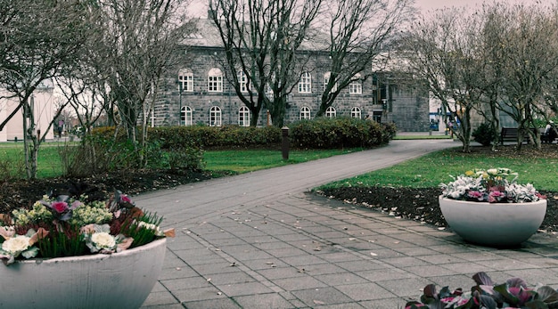 Austurvollur Square in the city of Reykjavik Iceland At the end of the cobbled walkway is the Althingishus the seat of the Icelandic parliament