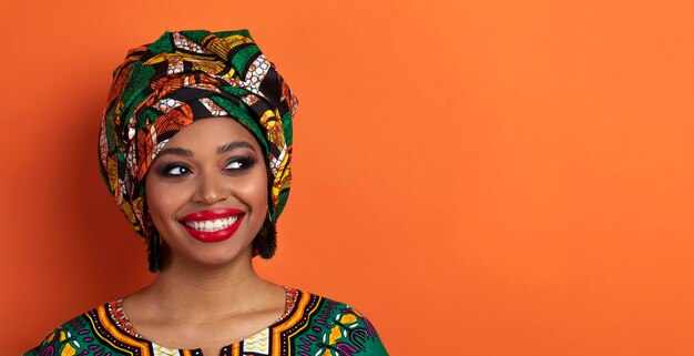 Authentic african woman looking at copy space closeup banner