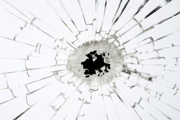 写真 白い背景に分離されたガラスのクローズ アップで本物の弾痕